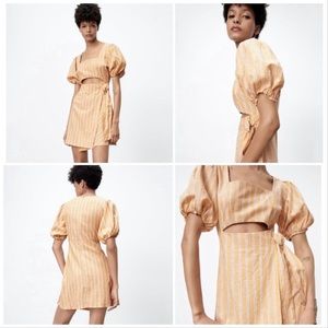 Zara linen yellow stripe cutout dress